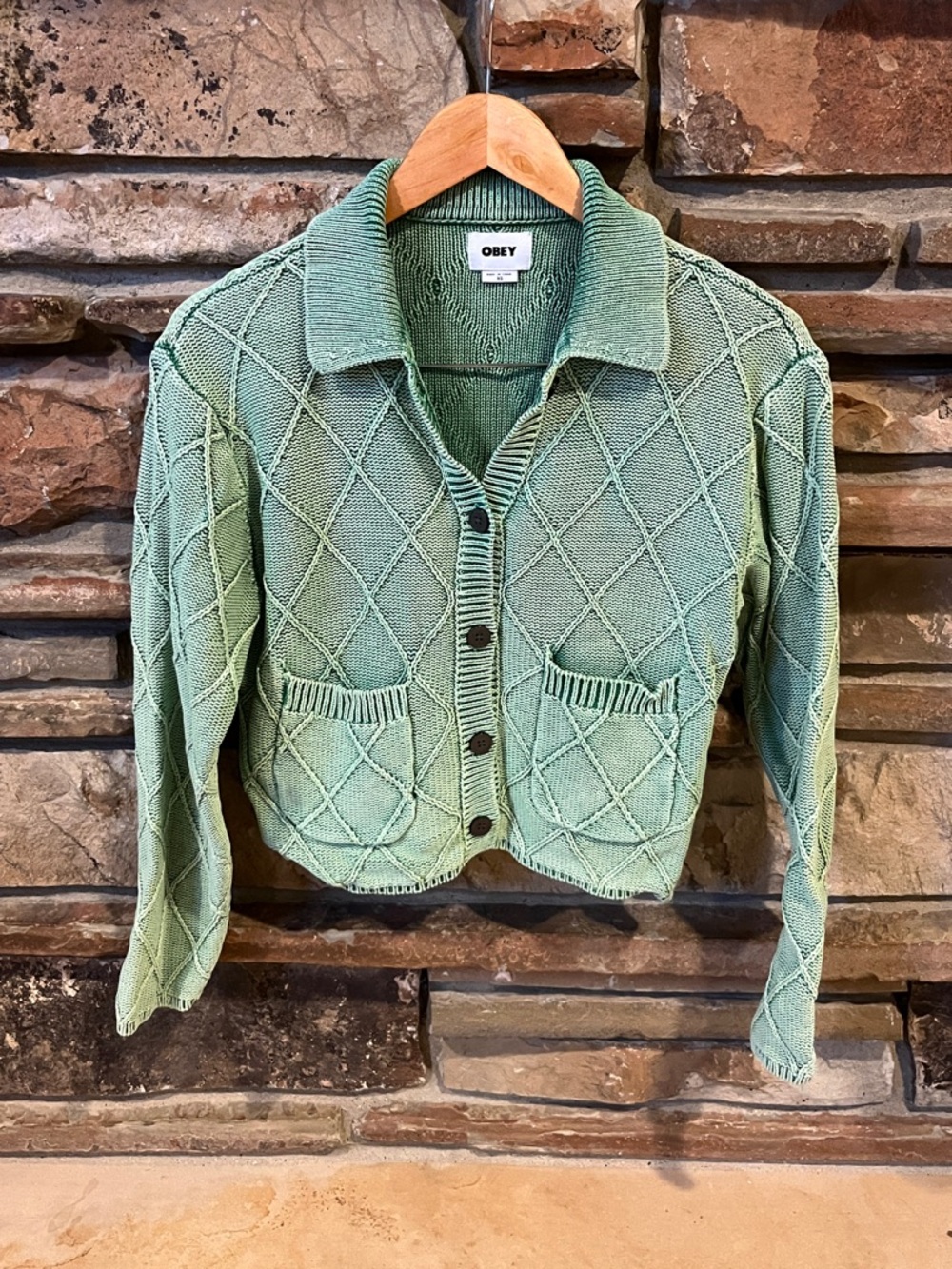Obey Light Faded Green Diamond Knit Cotton Crop Cardigan